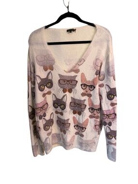 Tricotto Cats with Glasses Novelty V-Neck Sweater, size XL